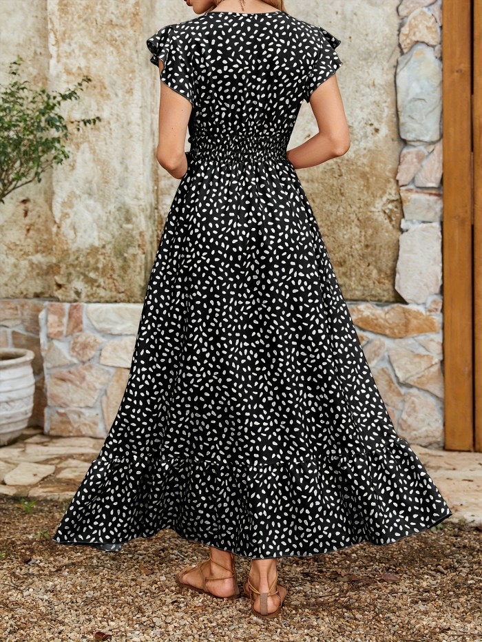 Allover Print Surplice Neck Dress, Elegant Ruffle Sleeve Shirred Waist A-line Dress For Spring & Summer, Women's Clothing