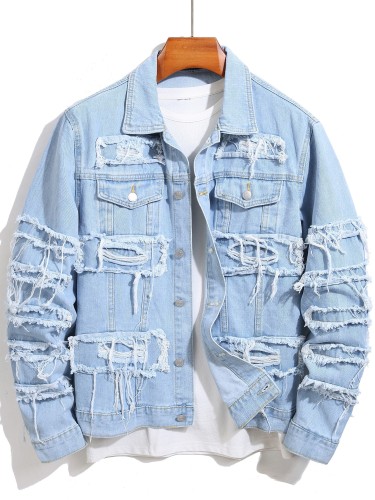 Men's Casual Raw Trim Button Up Denim Jacket, Chic Street Style Lapel Jacket