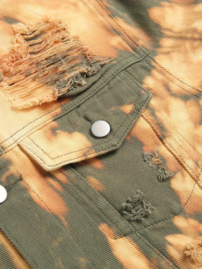 Men's Fashion Street Style Ripped Denim Jacket, Men's Stylish Comfy Coat For Spring & Autumn Wear
