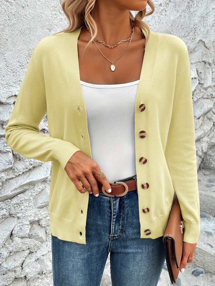 Solid Color Button Front Top, Elegant V Neck Long Sleeve Cardigans Top For Every Day, Women's Clothing