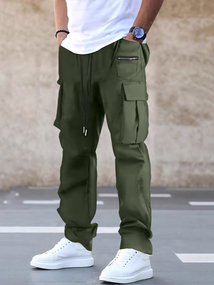 Mens Solid Long Drawstring Cargo Straight Leg Pants - Loose Fit, Non-Stretch Polyester, Multiple Pockets, Machine Washable - Perfect for Outdoor Sports, Beach, Weekend Casual, and Night Out