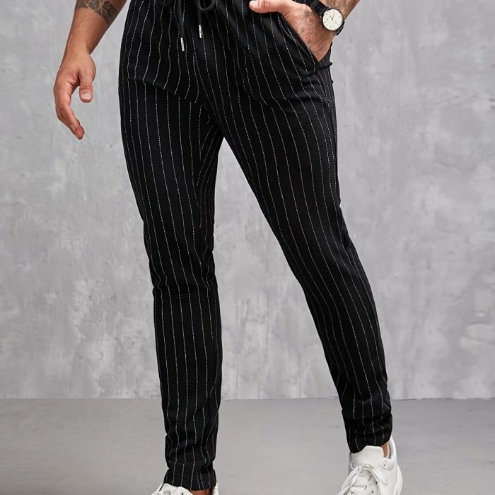 Contrast Color Stripe Pattern Men's Regular Fit And Cuffed Pants With Drawstring And Pockets, Chic And Casual Trousers Suitable For Outdoors And Business Wear