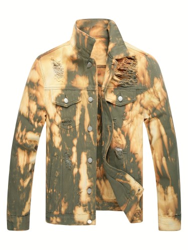 Men's Fashion Street Style Ripped Denim Jacket, Men's Stylish Comfy Coat For Spring & Autumn Wear