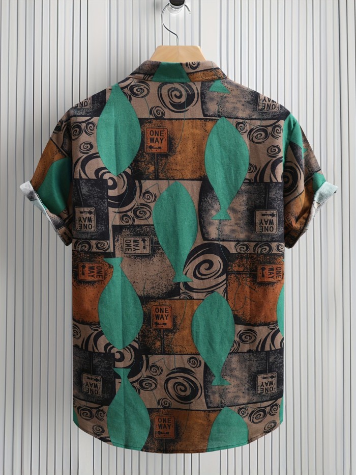 Stylish Mens Geometric Print Shirt - Breathable, Loose Fit, Short Sleeve, Lapel Collar, Button Up, Casual Wear for Summer Outdoor Activities and Daily Life