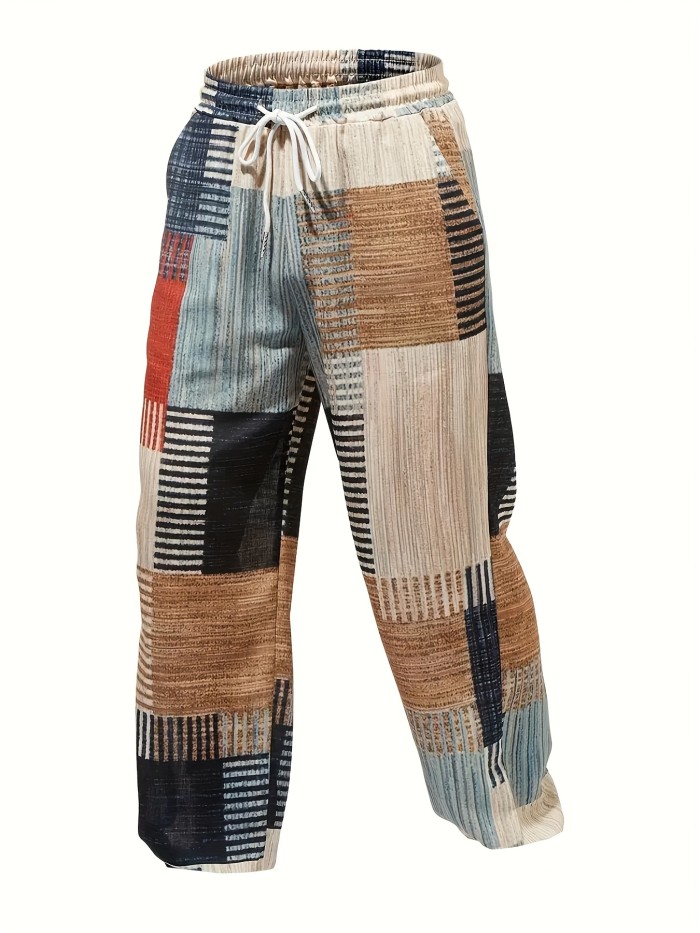 Men's 3D Color Blocked Patchwork Pattern Print Casual Drawstring Waist Beach Pants, Lightweight Outdoor Long Trousers For Summer