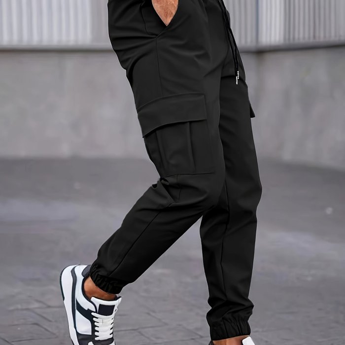 Men's Cuffed Cargo Pants With Pockets In Solid Color, Loose Fit And Trendy For Casual Wear And Outdoor Activity