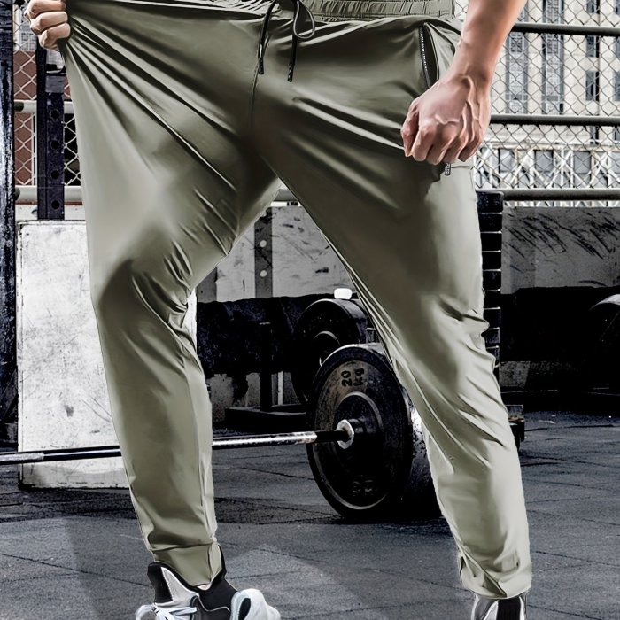 Summer Spring Men's Waist Drawstring Quick Dry High Stretch Solid Color Sports Training Outdoor Long Pants With Zipper Pockets