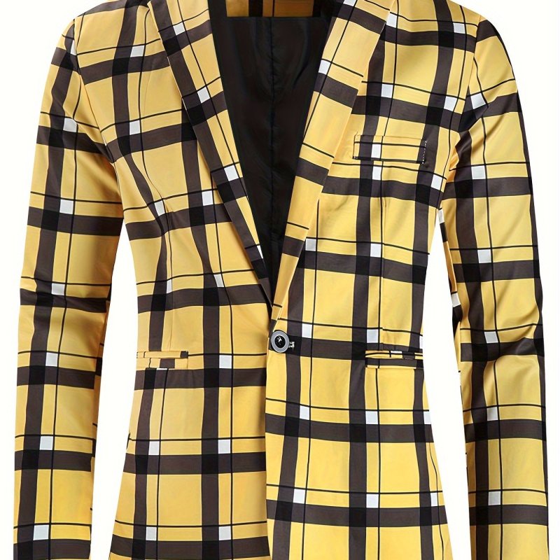 Men's Plaid One-Botton Blazer Jacket, Fashion Tailored Fit Suit Coat With Notch Lapels For Leisure Business Party