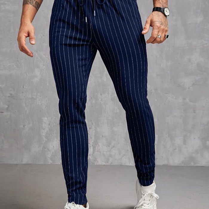 Contrast Color Stripe Pattern Men's Regular Fit And Cuffed Pants With Drawstring And Pockets, Chic And Casual Trousers Suitable For Outdoors And Business Wear