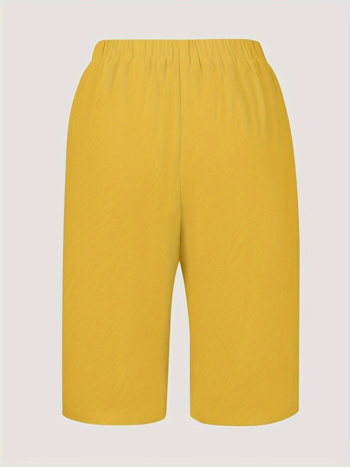 Solid Flap Pocket Knee Length Shorts, Casual Elastic Waist Knotted Shorts, Women's Clothing