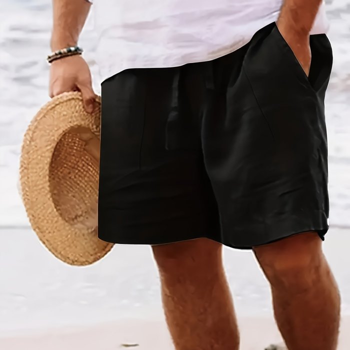 Men's Summer Shorts In Solid Color, Elastic Waistband With Drawstring, Straight Leg Breathable Casual Mid-Length Beach Shorts