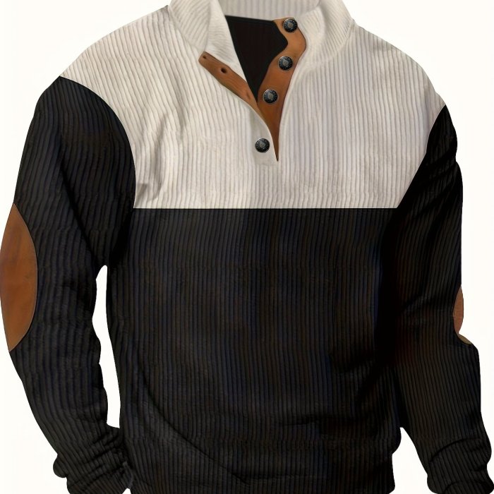 Men's Contrast Color Long Sleeve And Stand Collar Henley Shirt With Patchwork Pieces, Chic And Trendy Tops For Spring And Autumn Outdoors Leisurewear