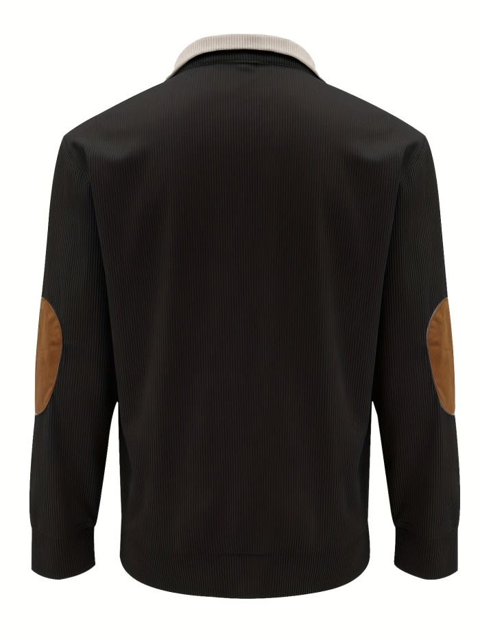 Men's Contrast Color Long Sleeve And Stand Collar Henley Shirt With Patchwork Pieces, Chic And Trendy Tops For Spring And Autumn Outdoors Leisurewear