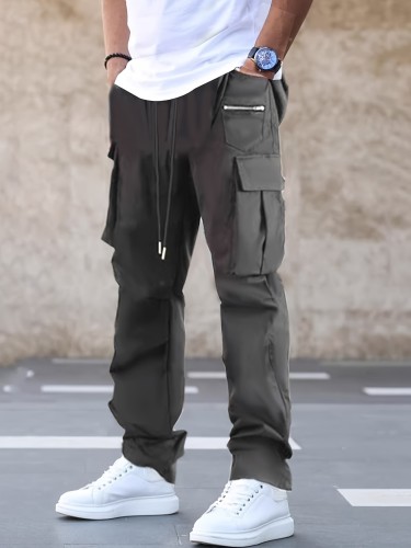 Mens Solid Long Drawstring Cargo Straight Leg Pants - Loose Fit, Non-Stretch Polyester, Multiple Pockets, Machine Washable - Perfect for Outdoor Sports, Beach, Weekend Casual, and Night Out