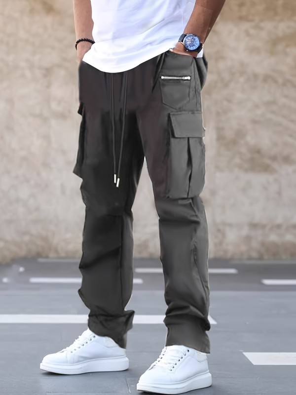 Mens Solid Long Drawstring Cargo Straight Leg Pants - Loose Fit, Non-Stretch Polyester, Multiple Pockets, Machine Washable - Perfect for Outdoor Sports, Beach, Weekend Casual, and Night Out
