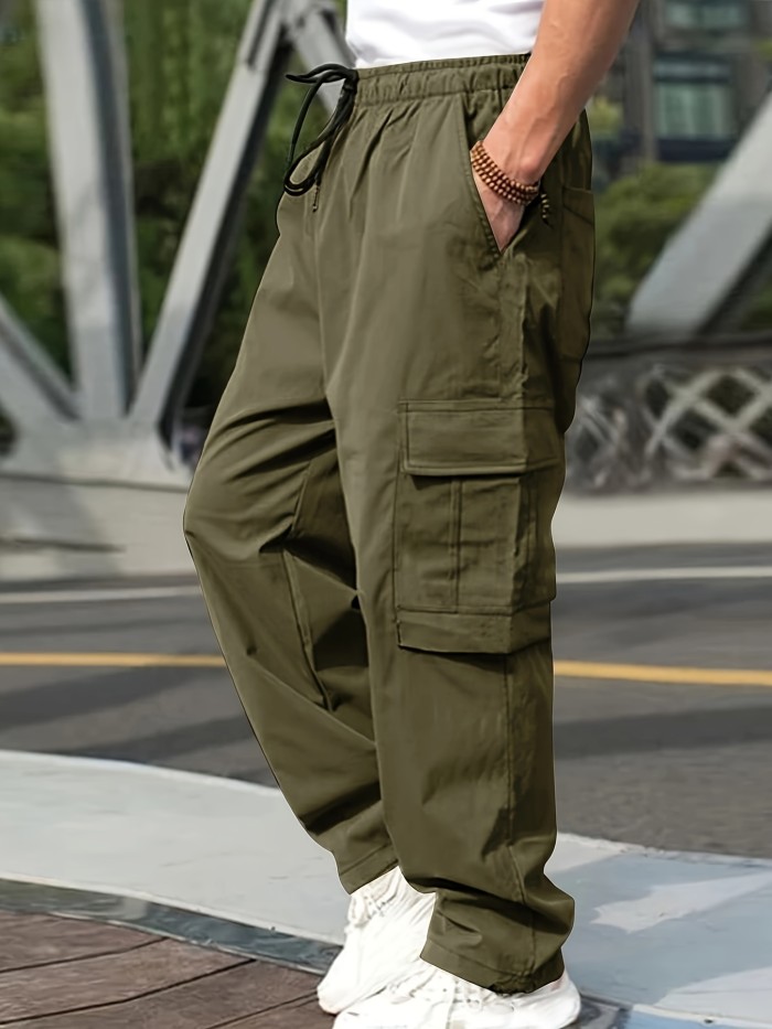 Trendy Solid Cargo Pants, Men's Multi Flap Pocket Trousers, Loose Casual Outdoor Pants, Men's Work Pants Outdoors Streetwear Hip Hop Style