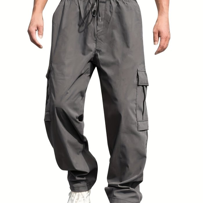 Men's Cargo Pants With Drawstring And Pockets In Solid Color, Loose Fit And Trendy For Casual Wear