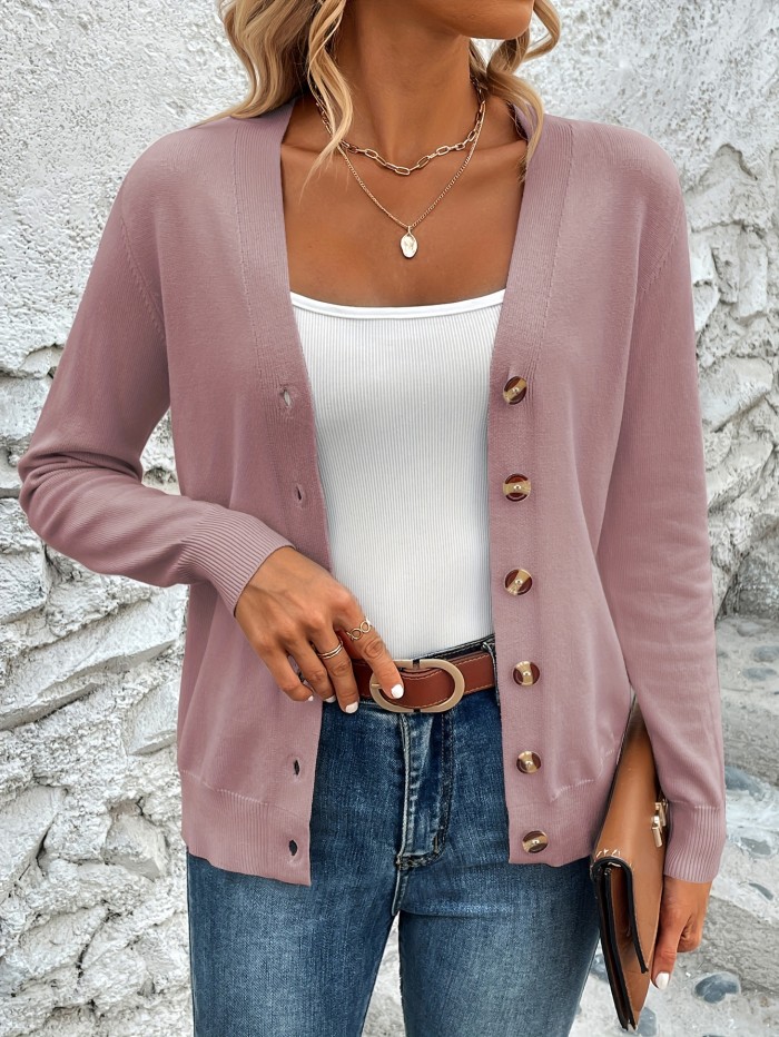 Solid Color Button Front Top, Elegant V Neck Long Sleeve Cardigans Top For Every Day, Women's Clothing
