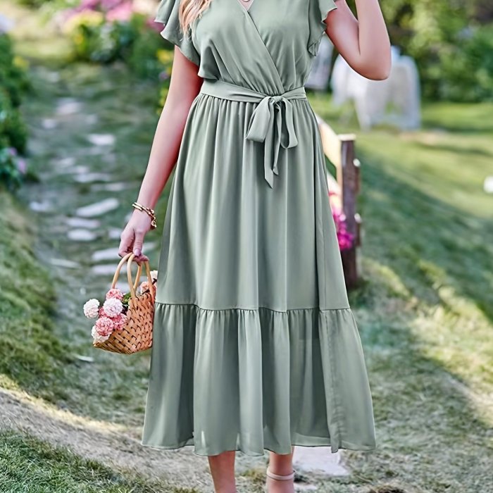 Solid Surplice Neck Dress, Elegant Ruffle Sleeve Belted Dress For Spring & Summer, Women's Clothing