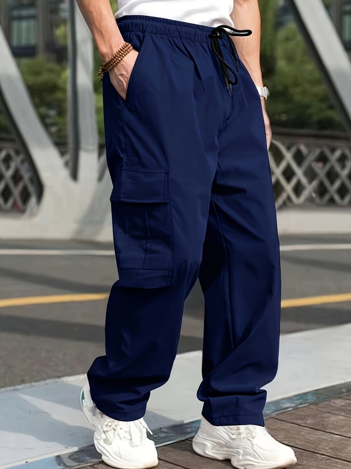 Men's Cargo Pants With Drawstring And Pockets In Solid Color, Loose Fit And Trendy For Casual Wear