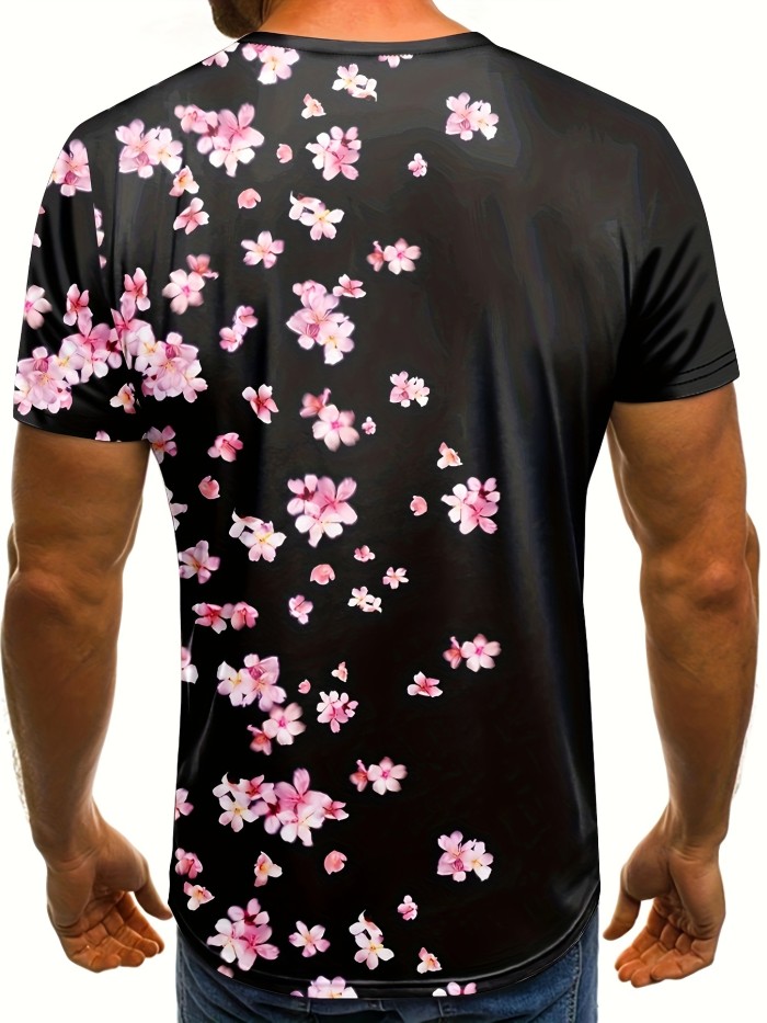 Mens Vibrant Floral Print Short Sleeve Crew Neck T-Shirt - Breathable, Soft, and Comfortable Casual Tee for Summer Outdoor Activities - Ideal Mens Clothing for Warm Weather