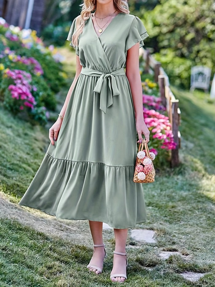 Solid Surplice Neck Dress, Elegant Ruffle Sleeve Belted Dress For Spring & Summer, Women's Clothing