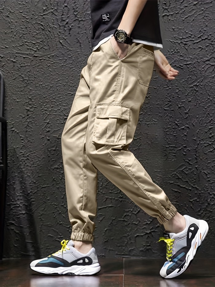 Men's Cuffed Cargo Pants With Pockets In Solid Color, Loose Fit And Trendy For Casual Wear And Outdoor Activity