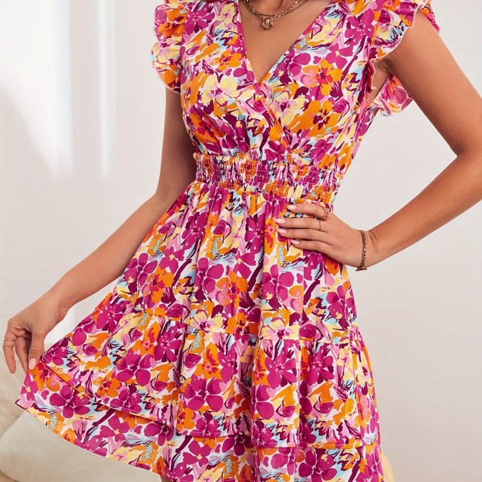 Floral Print Surplice Neck Dress, Elegant Ruffle Sleeve Dress For Spring & Summer, Women's Clothing