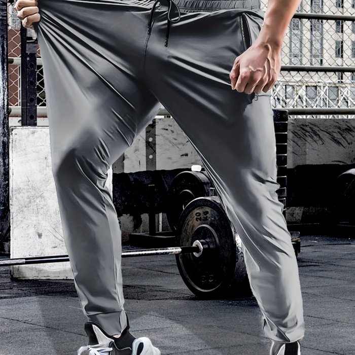 Summer Spring Men's Waist Drawstring Quick Dry High Stretch Solid Color Sports Training Outdoor Long Pants With Zipper Pockets