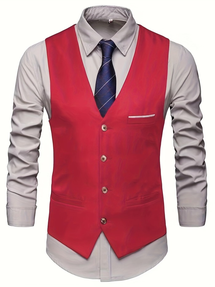 V Neck Smart Suit Vest, Men's Casual Retro Style Solid Color Single Breasted Waistcoat For Dinner Suit Match