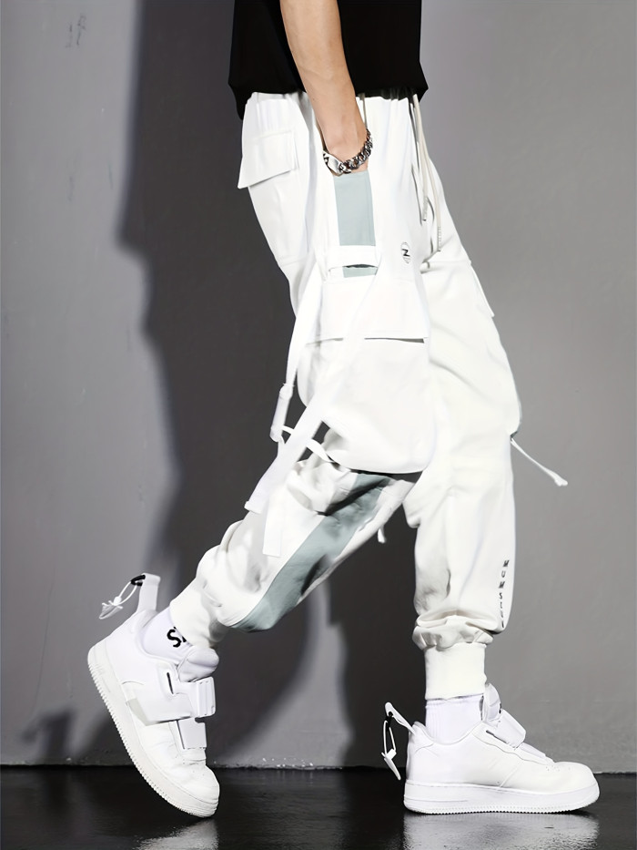 Multi-pocket Ribbon Design, Men's Color Block Cargo, Trendy Comfy Jogger Pants