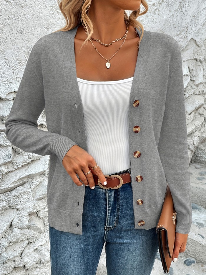 Solid Color Button Front Top, Elegant V Neck Long Sleeve Cardigans Top For Every Day, Women's Clothing