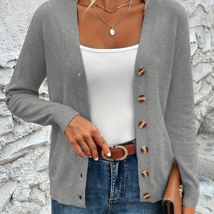 Solid Color Button Front Top, Elegant V Neck Long Sleeve Cardigans Top For Every Day, Women's Clothing