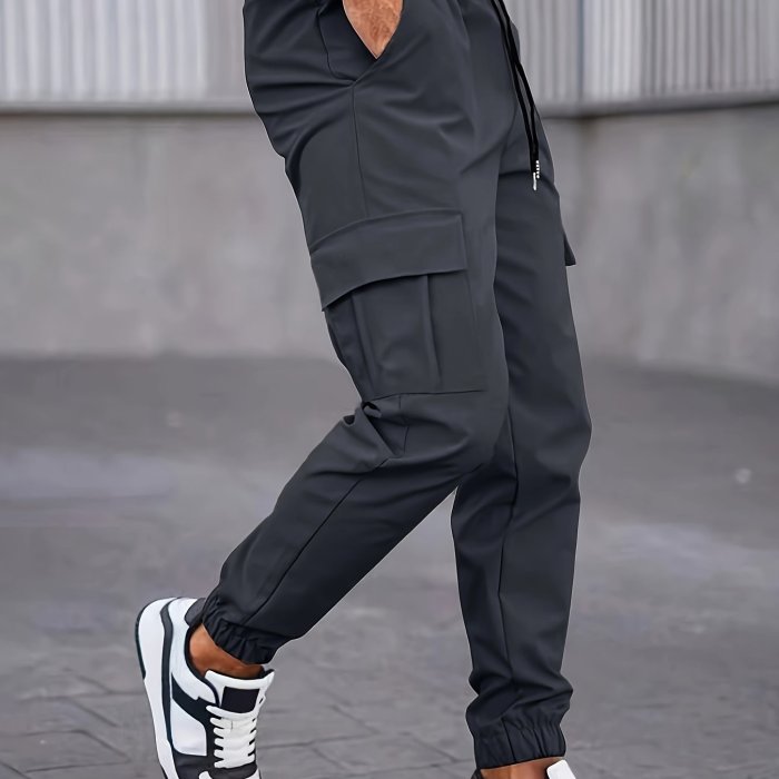Men's Cuffed Cargo Pants With Pockets In Solid Color, Loose Fit And Trendy For Casual Wear And Outdoor Activity