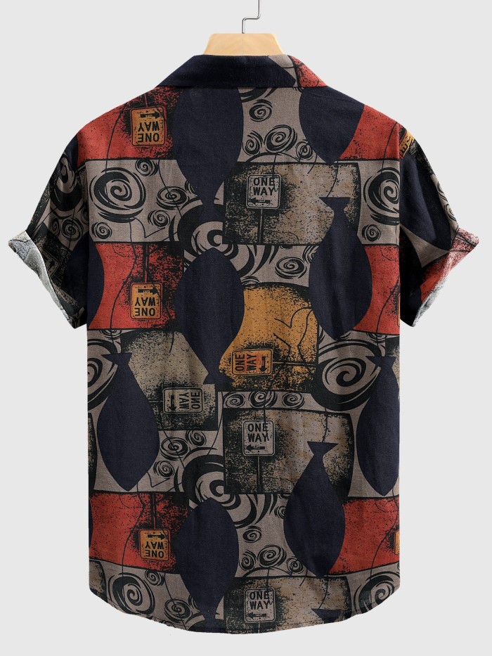 Stylish Mens Geometric Print Shirt - Breathable, Loose Fit, Short Sleeve, Lapel Collar, Button Up, Casual Wear for Summer Outdoor Activities and Daily Life