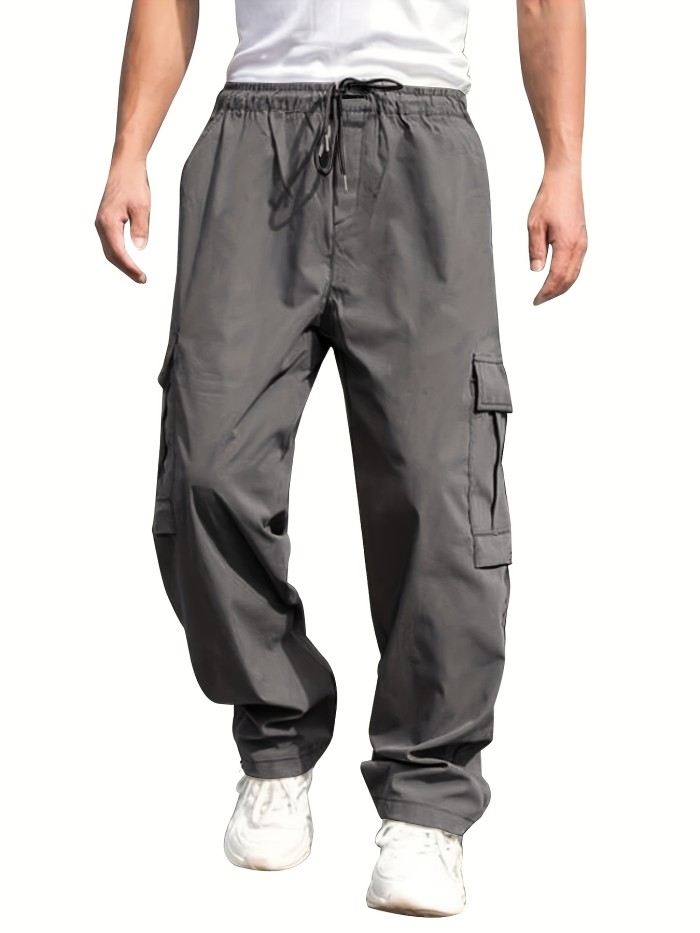 Men's Cargo Pants With Drawstring And Pockets In Solid Color, Loose Fit And Trendy For Casual Wear