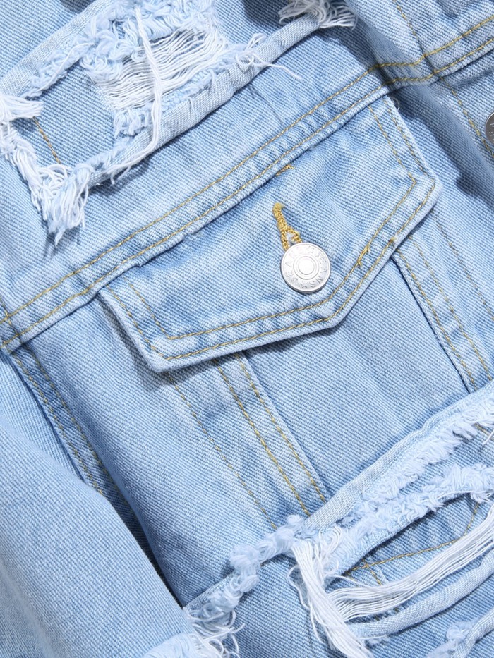 Men's Casual Raw Trim Button Up Denim Jacket, Chic Street Style Lapel Jacket