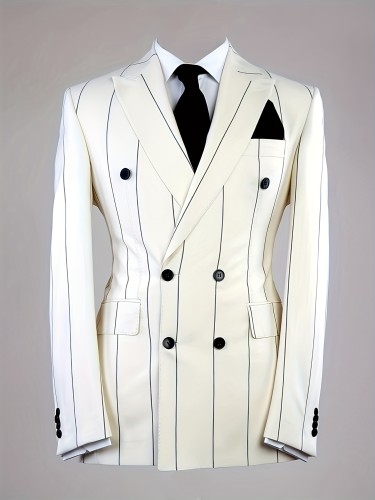 Stripe Print Suit Blazer for Men - Classic Double Breasted Lapel Jacket with Non-Stretch Polyester Fabric, Regular Fit, Machine Washable, Perfect for Office and Daily Wear in Spring and Fall Seasons