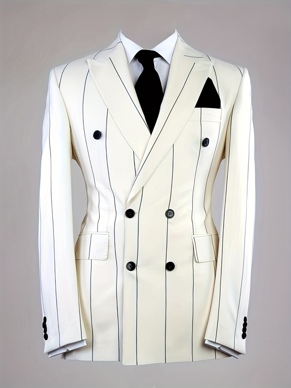 Stripe Print Suit Blazer for Men - Classic Double Breasted Lapel Jacket with Non-Stretch Polyester Fabric, Regular Fit, Machine Washable, Perfect for Office and Daily Wear in Spring and Fall Seasons
