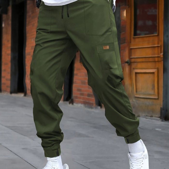 Men's Cuffed Casual Pants With Drawstring And Pockets In Solid Color, Perfect For Sports And Outdoors