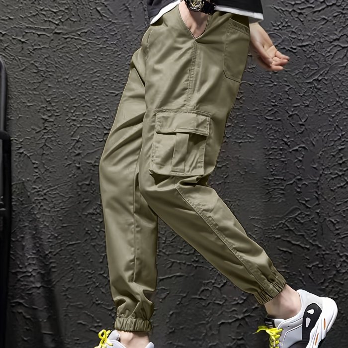 Men's Cuffed Cargo Pants With Pockets In Solid Color, Loose Fit And Trendy For Casual Wear And Outdoor Activity