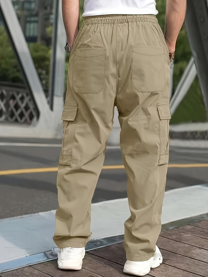 Men's Cargo Pants With Drawstring And Pockets In Solid Color, Loose Fit And Trendy For Casual Wear