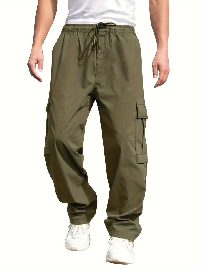 Men's Cargo Pants With Drawstring And Pockets In Solid Color, Loose Fit And Trendy For Casual Wear