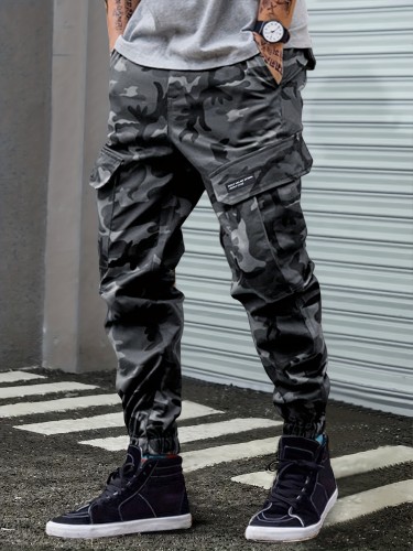 Men's Camouflage Pattern Loose Fit And Cuffed Cargo Pants With Multiple Flap Pockets, Versatile For Street Wear And Outdoors Activities