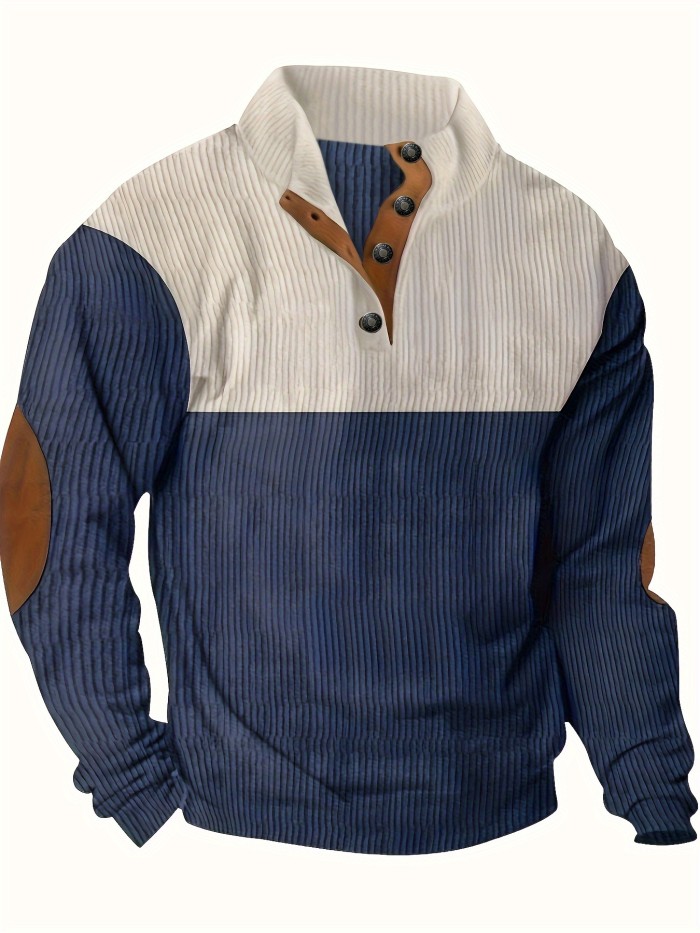 Men's Contrast Color Long Sleeve And Stand Collar Henley Shirt With Patchwork Pieces, Chic And Trendy Tops For Spring And Autumn Outdoors Leisurewear