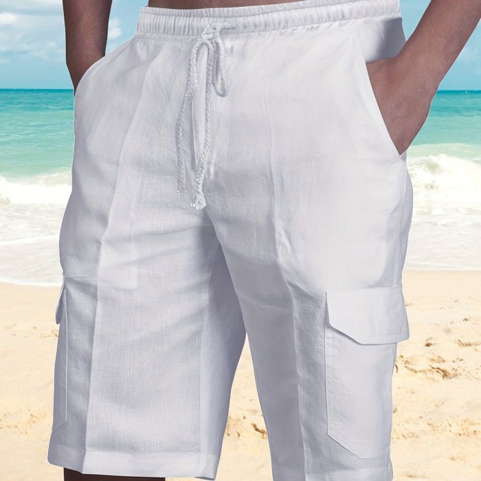 Classic Design Cotton Cargo Shorts, Men's Casual Multi Pocket Waist Drawstring Cargo Shorts For Summer Outdoor