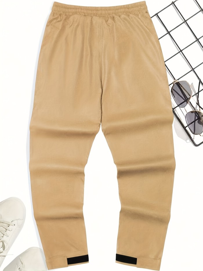Men's Cuffed Casual Pants With Drawstring And Pockets In Solid Color, Perfect For Sports And Outdoors
