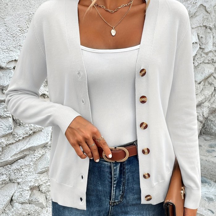 Solid Color Button Front Top, Elegant V Neck Long Sleeve Cardigans Top For Every Day, Women's Clothing