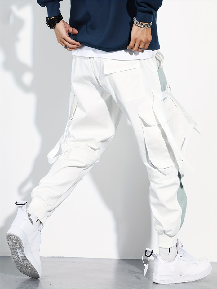 Multi-pocket Ribbon Design, Men's Color Block Cargo, Trendy Comfy Jogger Pants