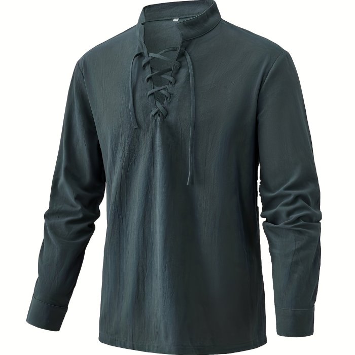 Cotton Men's Long Sleeve Retro Medieval Pirate Shirt, Lace Up Casual Beach Tops, Festival Halloween Party Dress Shirt, Solid V-Neck Tops For Men